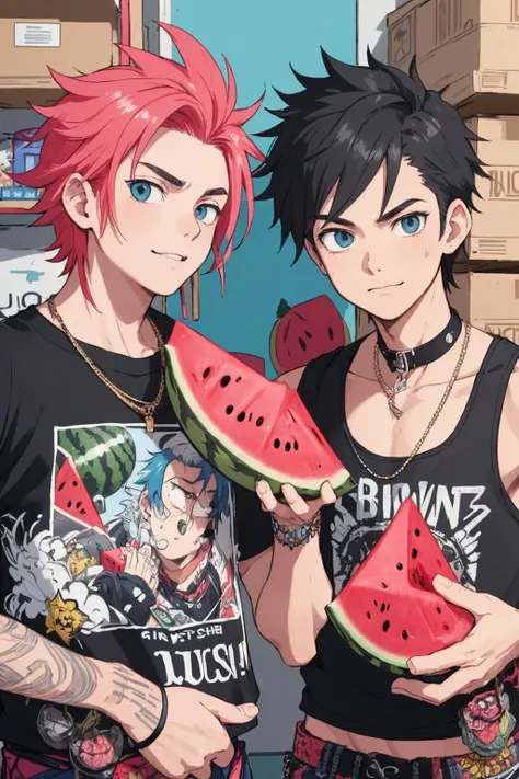 swanky punk guys, (watermelon is their trademark),
punk hair, punk clothes, fashionable, cheerful and silly guys,
in their hideout warehouse, they are having fun and joking around with each other,
initial impulse, destructive impulse, destroyism, no future, anarchism, god save the queen, irony,
(masterpiece), (best quality), (extremely detailed), (vivid colorful image),
crisp image, sharp image, clear image, vivid image,
detailed body, detailed hair, detailed face, detailed eyes, detailed background
