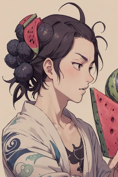 legendary punk boys, ((watermelon is their trademark)),
(drawing by hokusai:1.3),
(masterpiece), (best quality),
finely detailed body, finely detailed hair, finely detailed face, finely detailed eyes,
extreme detailed background,