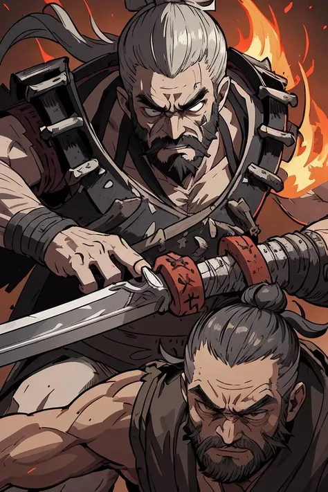 topknot beard samurai is fighting with old lifeless zombie knight from underworld,
in old temple on fire, with demon slayer sword,
samurai's entire body is covered with any characters,
masterpiece, best quality, extremely detailed, (gekiga:1.3),
detailed body, detailed face, detailed eyes, detailed hair,
detailed background,