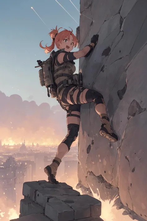 (1 female spec ops is climbing desperately at outer wall of fortress:1.3),
giant fortress floating in above of sky,
fortress is bombing the ground city with cannon,
city was big exploded below,
she's having a blast,
(motion effect and lines:1.3), (impact effect:1.3), (dynamic hair),
full body, from above,
(masterpiece), (best quality), (extremely detailed), (vivid colorful image), (shonen),
crisp image, sharp image, clear image, vivid image,
ultimately detailed skyscrapers,