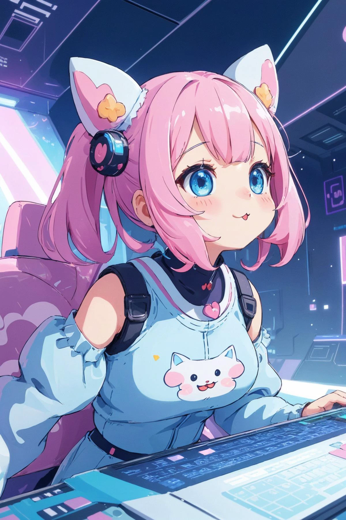 (kawaii silly character:1.4),
cyber princess,
she is diving her mind into the cyber network,
(special effects),
masterpiece, best quality,
crisp image, sharp image, clear image, unreal image,
extremely detailed background,