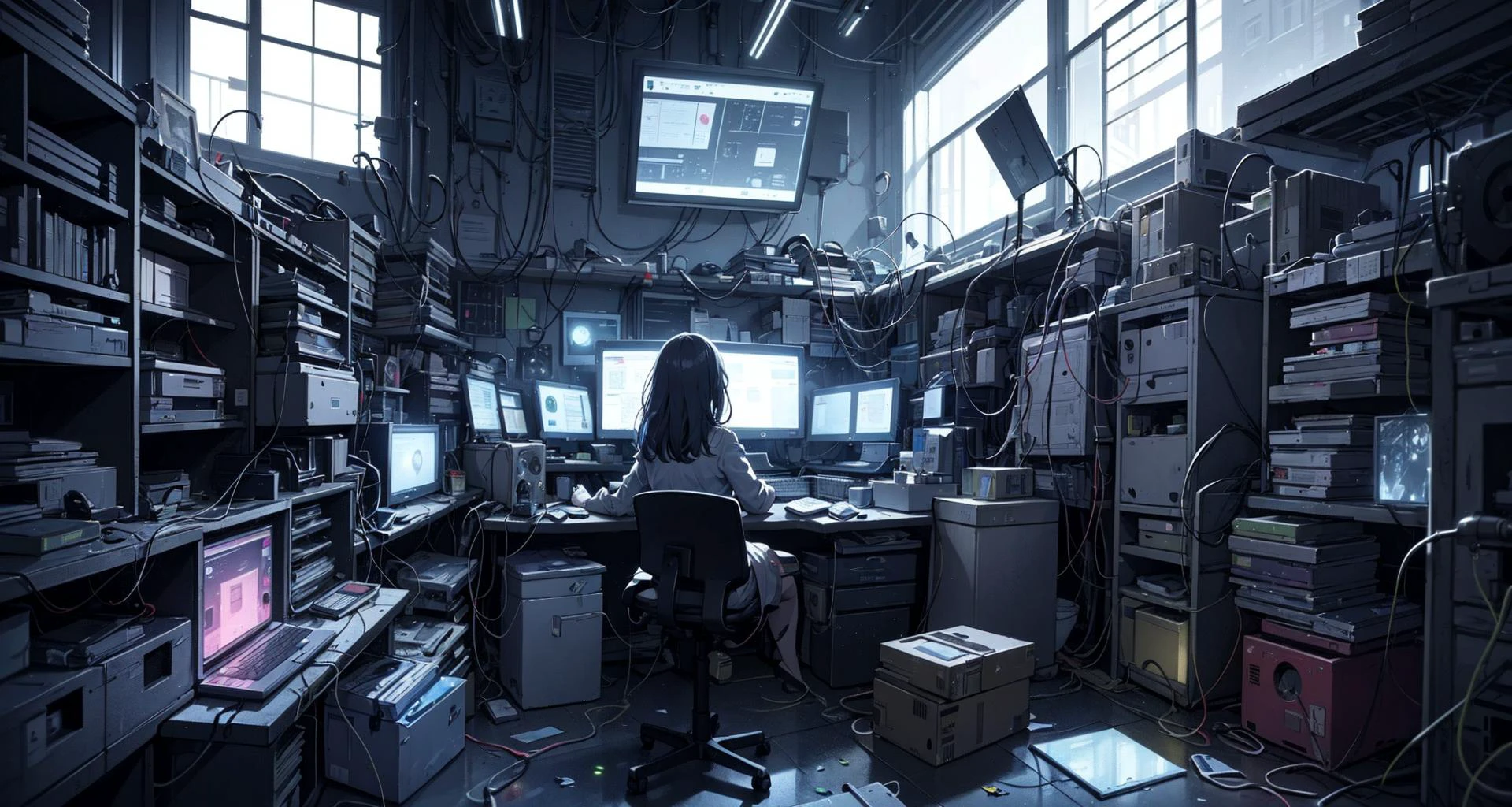 admin girl on desk, old-fashioned messy small server room,
electronic circuit on wall many led and glowing monitors, many plumbing and wiring,
large amount of junk scraps scattered in room, ducts, fans, upper windows,
hi-res, ultra detailed, light reflecting,