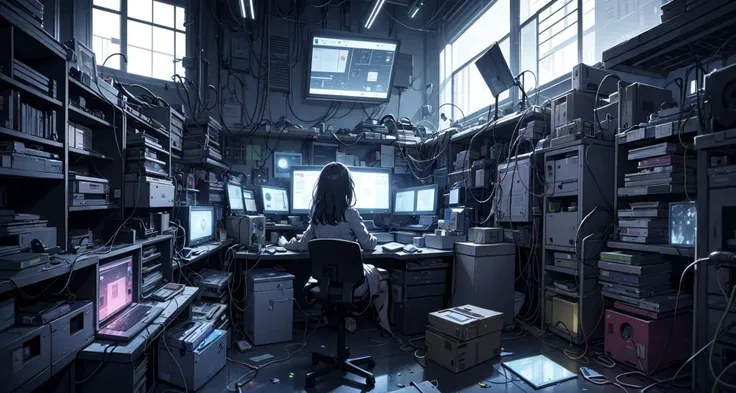 admin girl on desk, old-fashioned messy small server room,
electronic circuit on wall many led and glowing monitors, many plumbing and wiring, 
large amount of junk scraps scattered in room, ducts, fans, upper windows,
hi-res, ultra detailed, light reflecting,