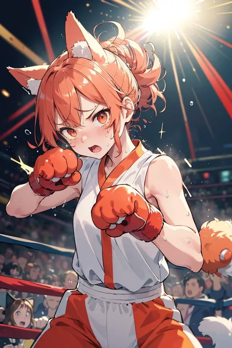 2 cute boxing-idol fighting,
wearing animal suit and long pants, slender, animal ears, paw globes,
(fierce fight, strange cat kung-fu stance), desperate look, scared face, trembling,
at boxing ring, ring light, large crowd, round girl,
(dynamic effects), dynamic hair, sweat, droplets,
depth of field,
(masterpiece), (best quality), (intricate detailed), (hi-res), (high speed camera), (parody style),
sharp image, clear image, vivid colorful image,
detailed background