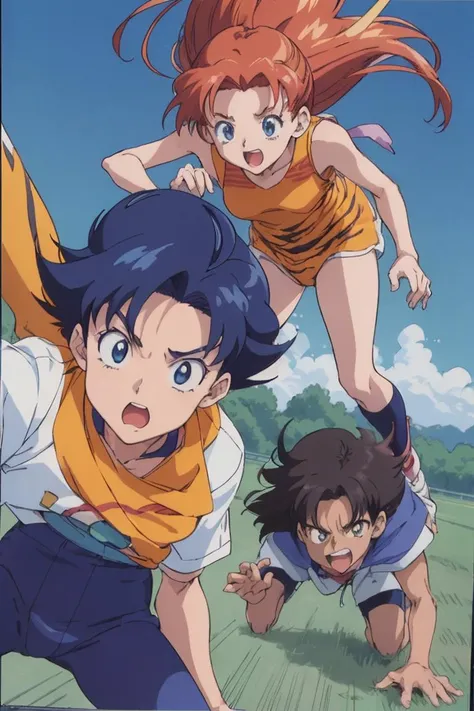 (90s anime style, animation cel:1.3),
anime that is beautiful alien tiger girl stalking a high school boy,
the two of them are having a hectic race,
simple image, old fashioned image,