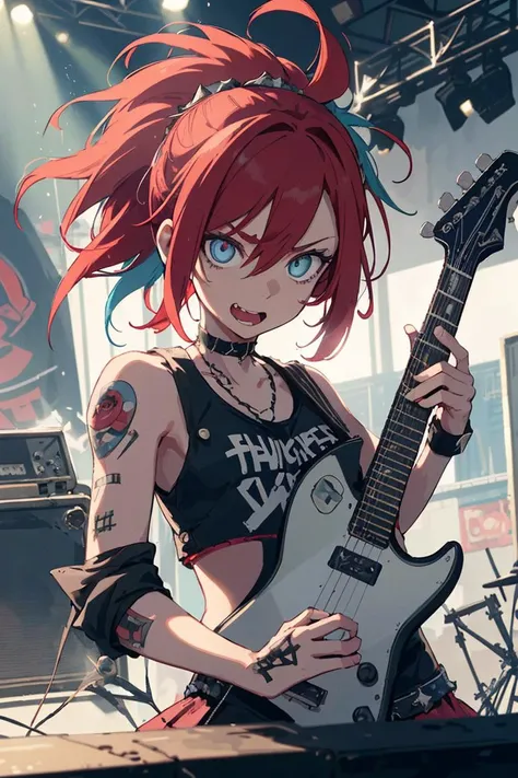legendary girl punk rockers, (watermelon is their trademark),
punk fashion, super cool, fashionable, sophisticated,
solo, sapphire eyes, (playful captain redhead distorts guitar), positive feeling,
rampages on street stage,
initial impulse, destructivism, destroyism, anarchism, no future, god save the queen, irony,
(dynamic action, dynamic effects, dynamic hair), incredible stage actions,
light reflection, backlit, dynamic lighting,
(masterpiece), (best quality), (extremely detailed),
sharp image, clear image, vivid colorful image,
detailed body, detailed hair, detailed face, detailed eyes,
highly detailed background