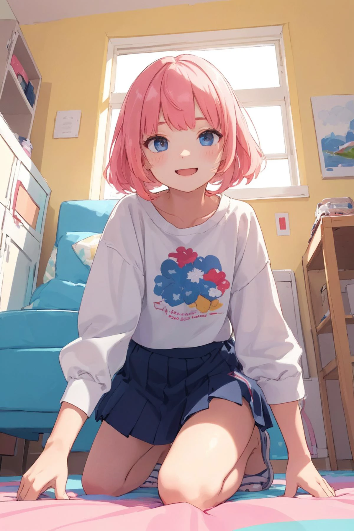 cheerful female, girl friend, adult relationship,
she is trying sitting direct on viewer, all fours, (put one knee forward:1.3), little shy,
(view at face from directly below), (Inner thigh),
in her bedroom, daytime, sunshine,
(masterpiece), (best quality), (extremely detailed), (vivid colorful image), (pop background),
crisp image, sharp image, clear image, vivid image,
ultimately detailed background,