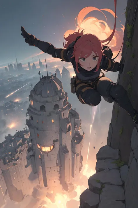(1 female spec ops is climbing desperately at outer wall of fortress:1.3),
giant fortress floating in above of sky,
fortress is bombing the ground city with cannon,
city was exploded below,
she survives the blast,
(action effect:1.2), (motion effect:1.2), (impact effect:1.2), (dynamic hair),
full body, from above,
(masterpiece), (best quality), (extremely detailed), (vivid colorful image), (shonen),
crisp image, sharp image, clear image, vivid image,
ultimately detailed skyscrapers,