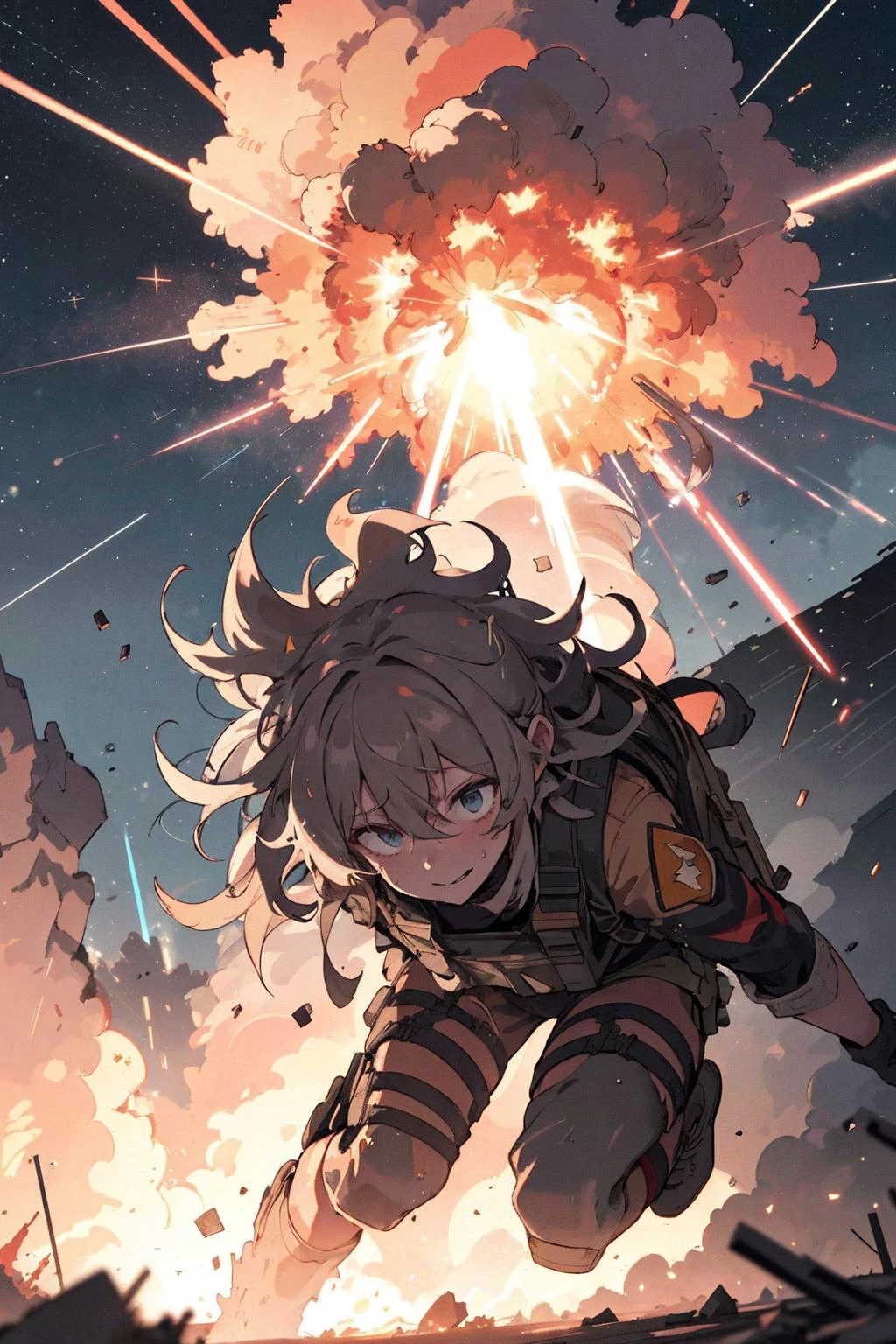 female military engineer lying face down directly on ground for defend,
peace-sign with one hand,
bright thick laser beam reaches from sky to military target on hill,
huge explosion occurs far behind her, the sky turns red,
legendary satellite weapon, rods-from-god attacks to ground from satellites,
shadow on face by backlighting, bitter smile, hair is blowing up, messy hair, cold sweat,
unbearable blast, dust and debris from the blast, flash of explosion,
in wilderness, at midnight, starry sky, extreme situation,
(dynamic effects, impact effects, dynamic hair:0), full body, from front above,
(masterpiece), (best quality), (extremely detailed),
crisp image, sharp image, clear image, vivid image,
highly detailed landscape,