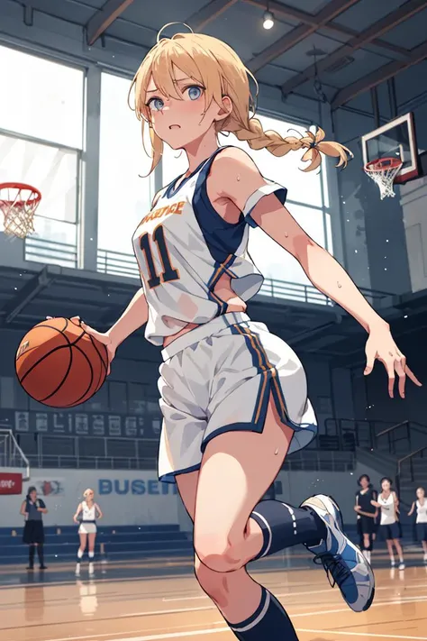 1 female basketball player, solo, wearing basketball uniform and shorts, dignified,
blonde hair, blue eyes, braid, flat chest, french braid, kneehighs, thighs,
running and dribbling nimbly at front of goal, ball bounces on floor,
her butt facing viewer, she glances at viewer, good feeling,
indoors, at basketball court, window, landscape,
(speed sense, dynamic effects, dynamic hair), scattering sweat, swaying braid,
view from below,
(masterpiece), (best quality), (extremely detailed),
sharp image, clear image, vivid colorful image,
detailed body, finely detailed background,