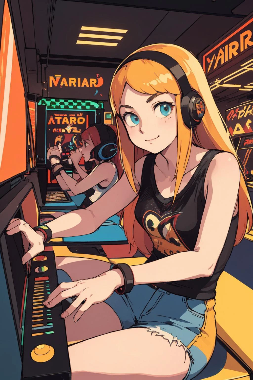 female gamer poses at retro arcade, wristbands,
masterpiece, best quality, (atari-2600:1.3), retro style,