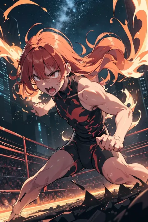 2 cutie fighters, ice versus fire, pro wrestling match, slender, flat chest,
fierce battle to the death, exchange of deadly techniques,
physical combat, fierce battle, heat, sweat, droplets, endures,
overflowing fighting spirit and anger, scream, roar,
BREAK in public, outdoor special wrestling stage, in big city, large crowd, cheers,
venue is filled with excitement. audience goes wild, chaotic ring stage, venue is hot,
(dynamic effects, rage energy, dynamic hair), excitement effect, sparkling and bright ring stage,
at night, flashy brightly lights, starry sky, skyscrapers, night lights, highly detailed landscape,
(masterpiece), (best quality), (extremely detailed), (highly presence image),
crisp image, sharp image, clear image, vivid image, noiseless image,
detailed body, highly detailed background,