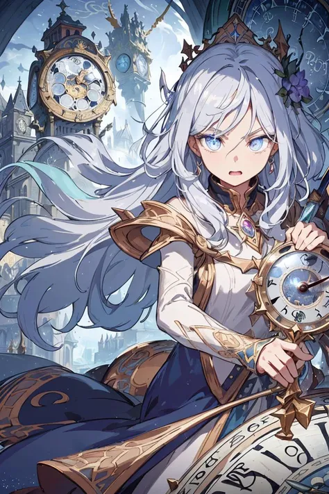 legendary wizard, wise woman of time, holds magical quartz's wand,
chants great magic of time, incredible energy, (clock in eyes:1.5),
in medieval magic metropolis,
incredible magic power, (dynamic effects, chaotic effects),
(masterpiece), (best quality), (extremely detailed), (four dimension),
crisp image, sharp image, clear image, vivid colorful image,
detailed face, detailed hair, detailed eyes,
highly detailed background, epic landscape,