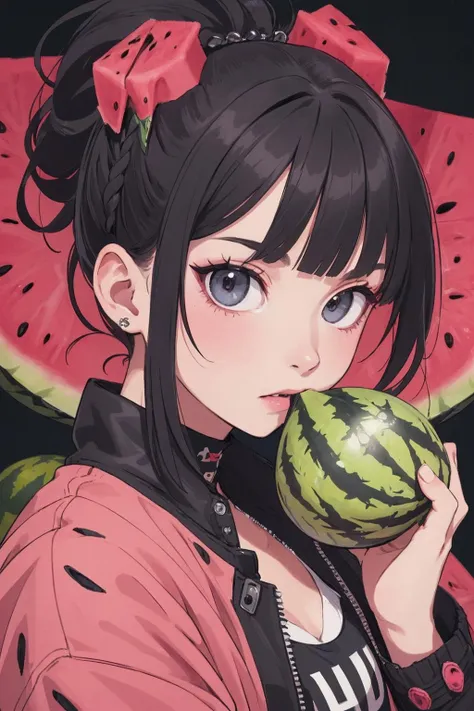 cute punk female, ((watermelon is her trademark)),
rider jacket, punk hairstyle, fashionable, sophisticated,
masterpiece, best quality,
crisp image, vivid colorful image,
finely detailed hair, finely detailed face, finely detailed eyes, finely detailed clothes, finely detailed strange background,