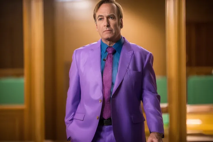 (8k, RAW photo, best quality, masterpiece:1.2), (realistic, photo-realistic:1.37), man, Saul, purple suit , ( pointing forefinger at viewer:1.3), confident, in court,