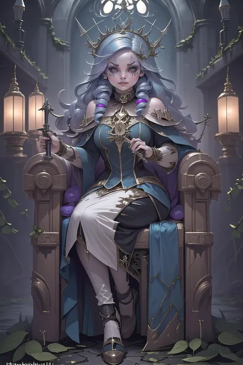 (masterpiece, best_quality, ultra-detailed, immaculate:1.3), epic, illustration, 1girl, (full body:1), evil queen, (very high collar:1),(makeup:1.3), claws, , (Dark alchemy tools,Thorny vines,Rack of spiked weapons:1.3),In a Gothic cathedral with stained glass windows, in a dieselpunk castle, bombshell hair, indigo hair with multicolor highlights, antenna hair,Goddess Braids, jojo pose<lyco:EnvyBeautyMix41:1><lyco:EnvyElegance:0.2>