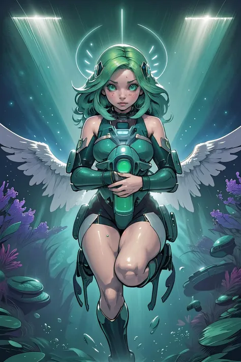 (masterpiece, best_quality, ultra-detailed, immaculate:1.3), epic, illustration, 1girl, (underwater Breakcore:1.3) cute angel, full body, [:outlandish costume design,:0.2], official art, light caucasian skin, dramatic vivid indigo lighting , at  Mos Eisley space port, bombshell hair, muted green hair with azure highlights, Knee Length Hair,pointy hair, wing hug<lyco:EnvyBeautyMix41:1><lyco:EnvyElegance:0.2>