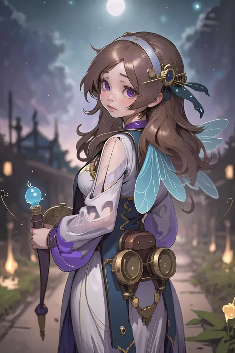 from behind, (masterpiece, best_quality, ultra-detailed, immaculate:1.3), epic, illustration, 1girl, matte violet skin, f/1.4 lens, bokeh, tiny Zalacca fairy,insect wings, see-through gossamer, upset, on a steampunk country road, bombshell hair, brown hair, hair ribbon,Messy Waves, a-pose<lyco:EnvyBeautyMix41:1><lyco:EnvyElegance:0.5>
