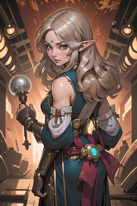 masterpiece, best quality ,1girl,Female, Elven, Alchemist, Making Potion, Steampunk, Lab, Science, Fantasy, lab background, bookshelves in the background, long blonde hair