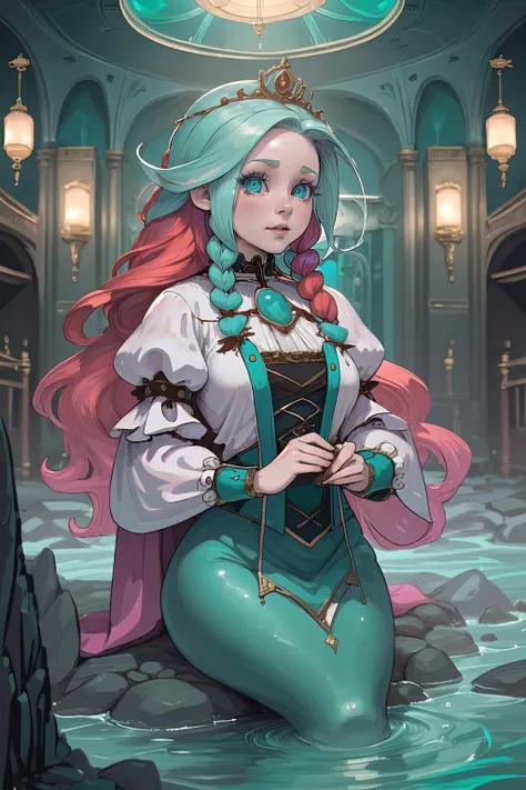 (masterpiece, best_quality, ultra-detailed, immaculate:1.3), epic, illustration, welcoming, 1girl, sorcerer, pastel crimson hair, Slicked Back Hair, (full body:0.5), [:creative costume design:0.2], albino, in a  Victorian theatre, in a Canadian, Norwegian metropolis, bombshell hair, aqua hair, braid,Mermaid Braid, own hands clasped<lyco:EnvyBeautyMix41:1><lyco:EnvyElegance:0.5>