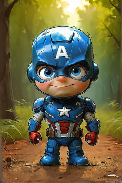 impactful color paint of cute drawing of a captain america, wearing a iron man suit, outdoors, background forest, kid, toon, ((pixar style)), 3d, cartoon, detailed face, blue neon eyes, asymmetric, cinematic lighting, batman logo,,<lora:Cute_Drawing:0.8>