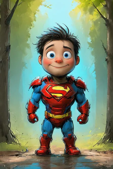 impactful color paint of cute drawing of a superman, wearing a iron man suit, outdoors, background forest, kid, toon, ((pixar style)), 3d, cartoon, detailed face, blue neon eyes, asymmetric, cinematic lighting, batman logo,,<lora:Cute_Drawing:0.8>