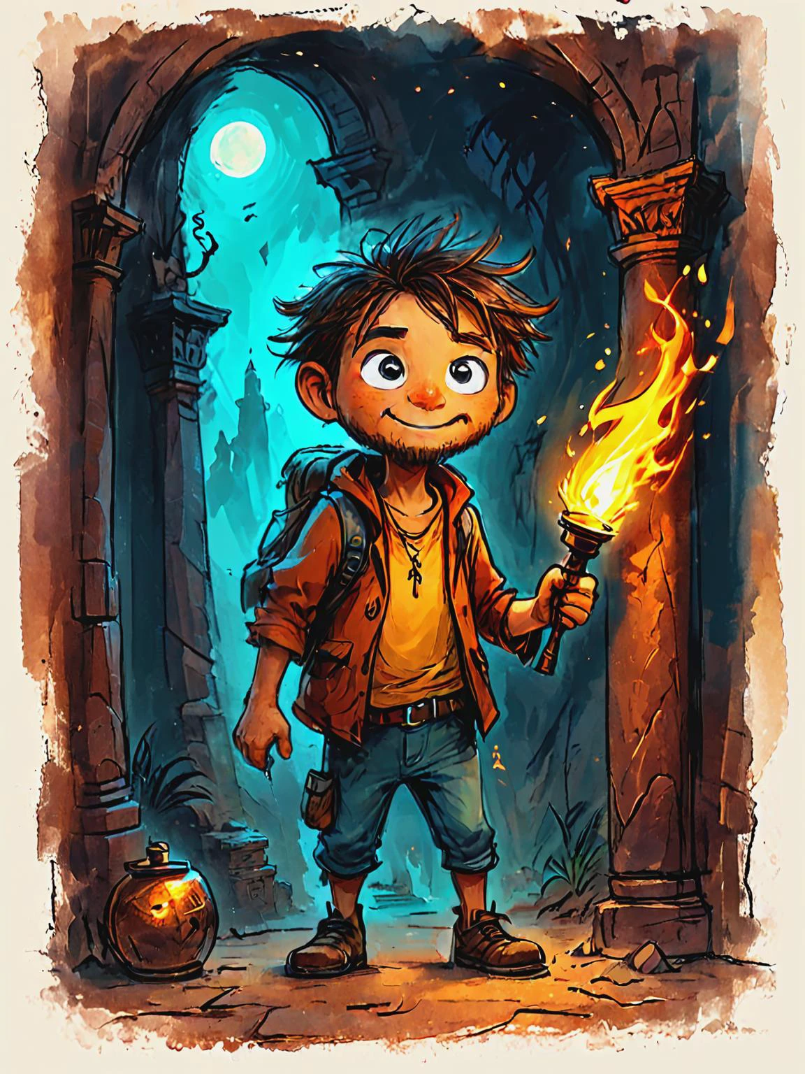 impactful color paint of cute drawing of treasure hunter holding a torch, stepping cautiously into the shadows of the ancient ruin, their lantern casting eerie glows upon the crumbling walls adorned with hieroglyphs and forgotten symbols, <lora:Cute_Drawing:0.7>