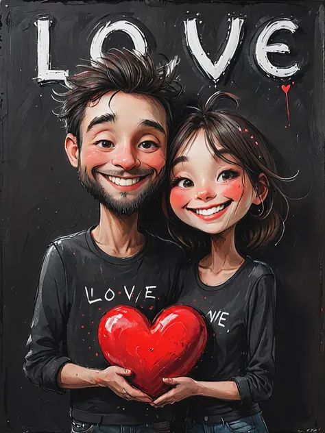 impactful color paint of cute drawing of extremely detailed Man with woman happy face , man holding big red heart with (text: "LOVE":1.2) on the black wall , <lora:Cute_Drawing:0.65>