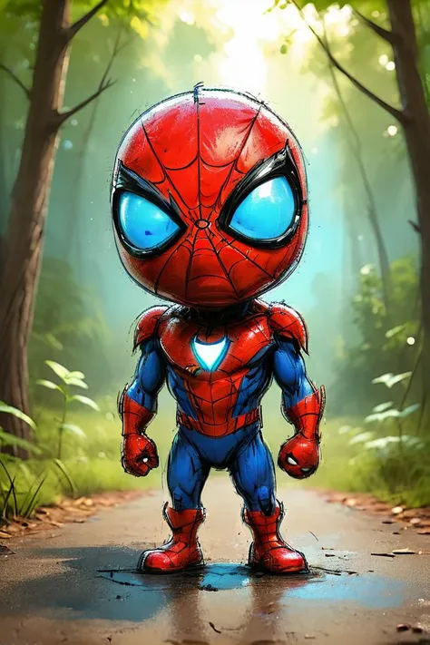 impactful color paint of cute drawing of a spiderman, wearing a iron man suit, outdoors, background forest, kid, toon, ((pixar style)), 3d, cartoon, detailed face, blue neon eyes, asymmetric, cinematic lighting, batman logo,,<lora:Cute_Drawing:0.8>