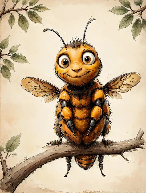 cute drawing of a giant hornet, sitting on tree limb, <lora:Cute_Drawing:0.8>