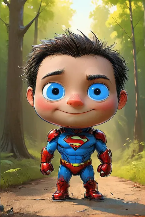 impactful color paint of cute drawing of a superman, wearing a iron man suit, outdoors, background forest, kid, toon, ((pixar style)), 3d, cartoon, detailed face, blue neon eyes, asymmetric, cinematic lighting, batman logo,,<lora:Cute_Drawing:0.8>