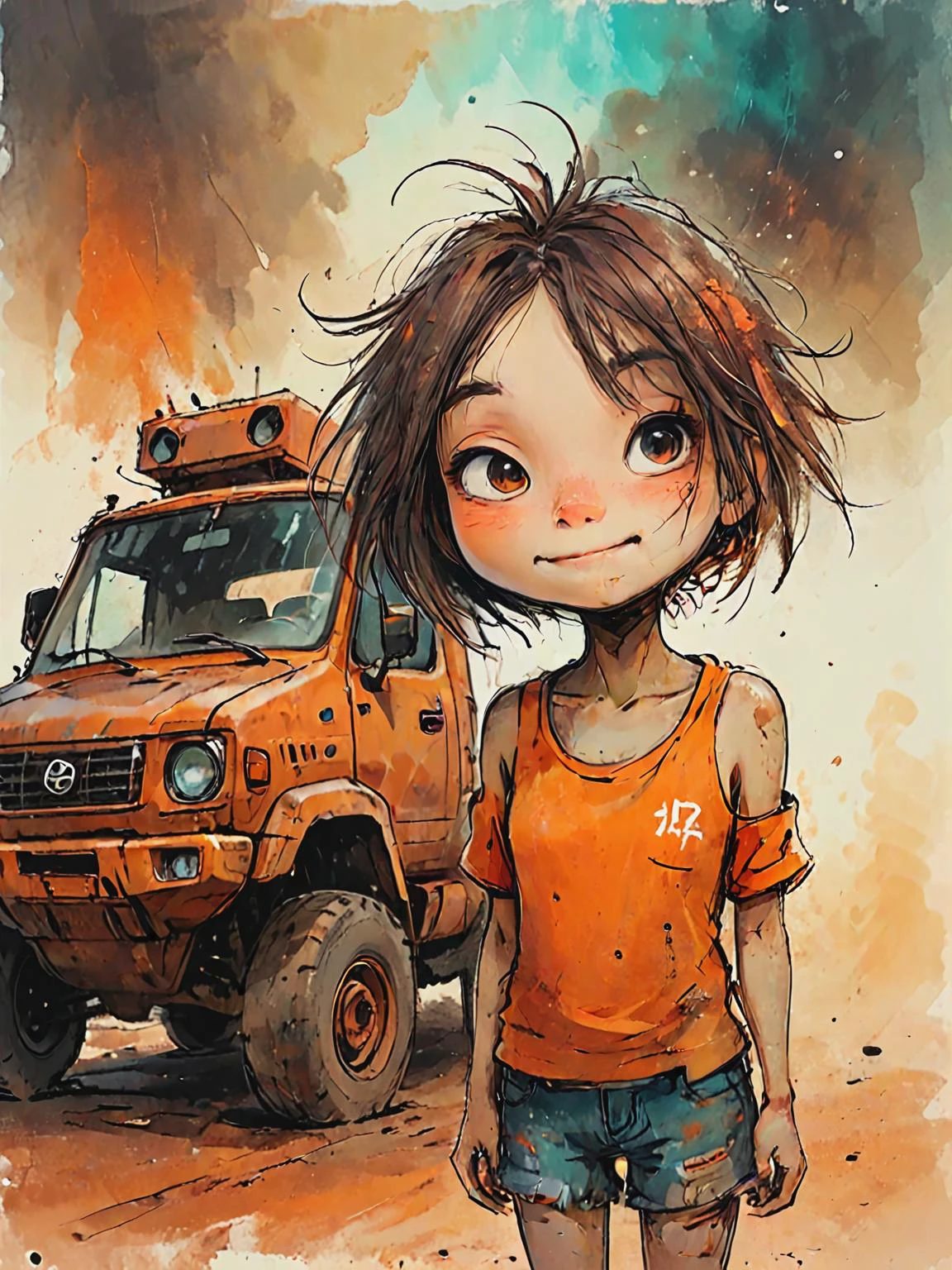 impactful color paint of cute drawing of 2d artwork, concept art, upper body, a woman on watelands, dust, rusted heavy vehicles on the background, artistic approach, post apocalytic aesthetics, <lora:Cute_Drawing:0.7>