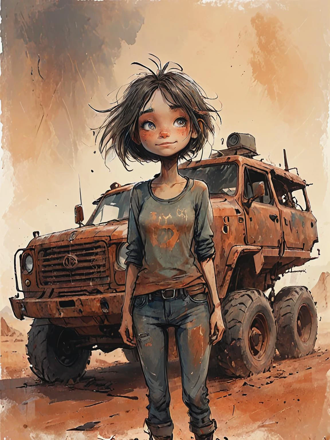 impactful color paint of cute drawing of 2d artwork, concept art, upper body, a woman on watelands, dust, rusted heavy vehicles on the background, artistic approach, post apocalytic aesthetics, <lora:Cute_Drawing:0.5>