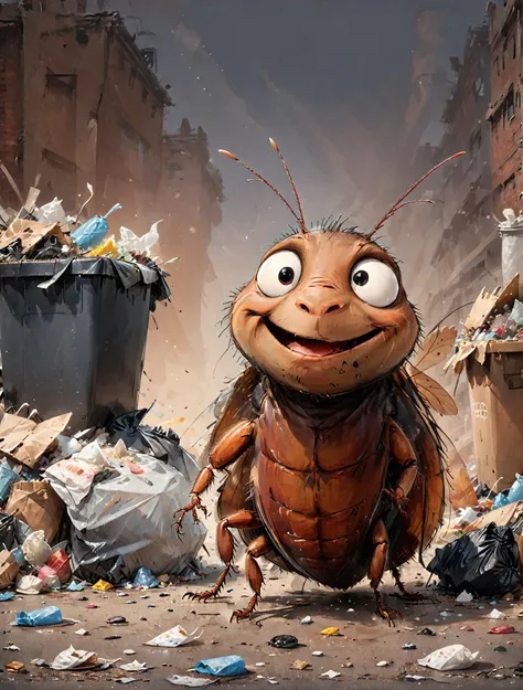 cute drawing of a cockroach standing among trash, <lora:Cute_Drawing:0.7>