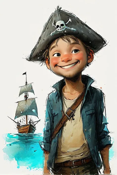 impactful color paint of cute drawing of 2boys, boat, ocean, caustics, wave pointing, , happy pirate hat, eyepatch, shark, flintlock ,<lora:Cute_Drawing:0.8>, highly detailed, 8k, sharp, professional, clear, high contrast, crystal clear