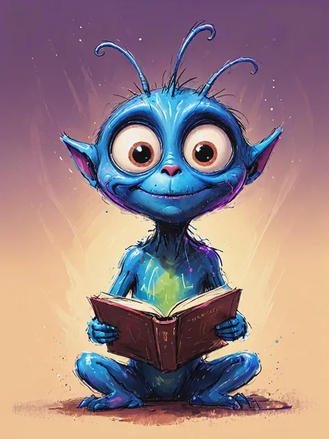 impactful color paint of cute drawing of funny alien reading a book, suprised in awe <lora:Cute_Drawing:0.6>