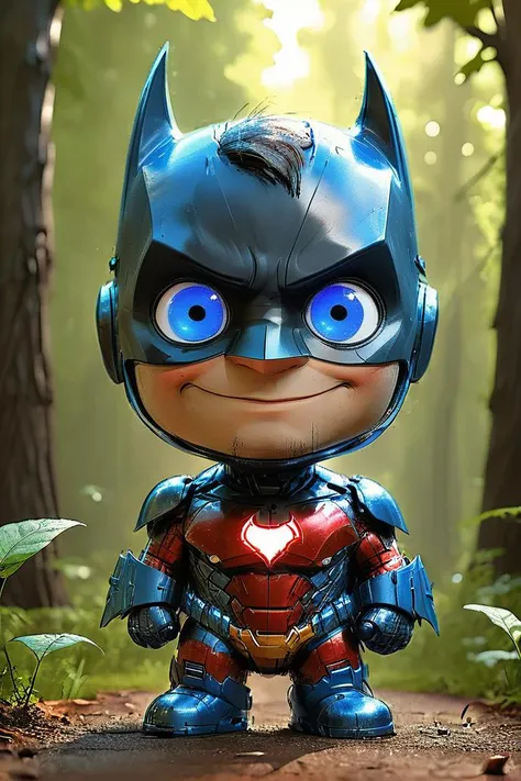 impactful color paint of cute drawing of a batman, wearing a iron man suit, outdoors, background forest, kid, toon, ((pixar style)), 3d, cartoon, detailed face, blue neon eyes, asymmetric, cinematic lighting, batman logo,,<lora:Cute_Drawing:0.8>, highly detailed,  8k, sharp,  professional, clear,   high contrast, crystal clear