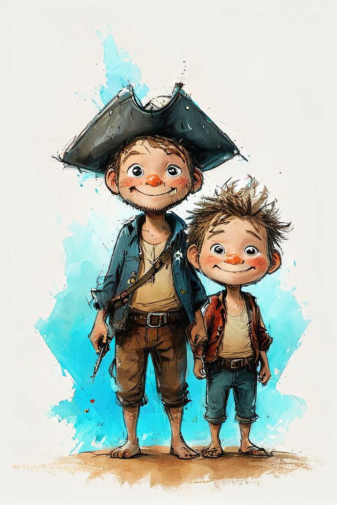 impactful color paint of cute drawing of 2boys, boat, ocean, caustics, wave pointing, ,<lora:Cute_Drawing:0.8>, happy pirate hat, eyepatch, shark, flintlock, highly detailed, 8k, sharp, professional, clear, high contrast, crystal clear