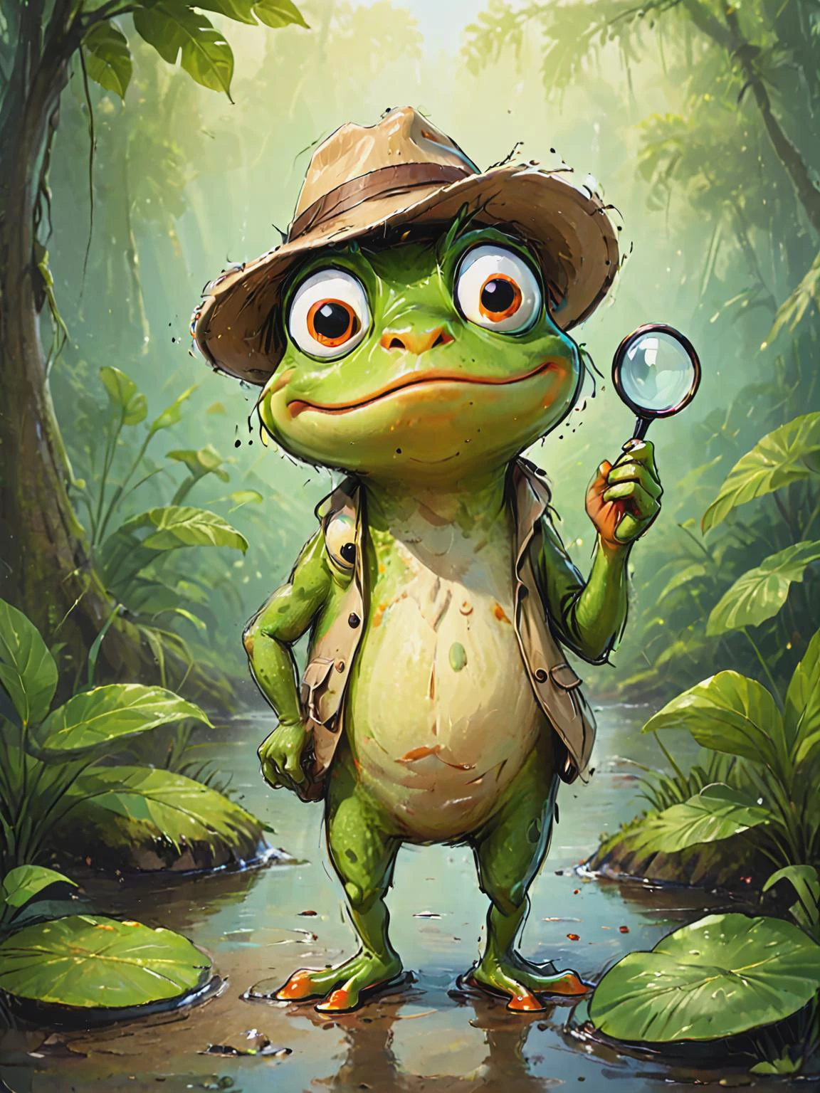 impactful color paint of cute drawing of a funny cartoon character, a cheerful frog wearing a safari hat and wielding a magnifying glass, ready to embark on an exciting adventure through lush jungles and winding rivers, <lora:Cute_Drawing:0.65>