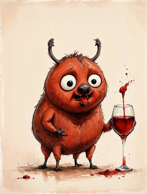 cute drawing of a red wood tick, Ixodida, fat, small head, drinking a glass of blood, six legs, <lora:Cute_Drawing:0.8>