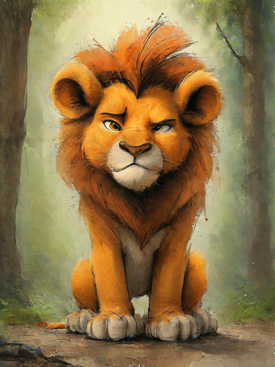 impactful color paint of cute drawing of a brave lion, exploring a magical forest, dynamic pose, ((masterpiece)), (best quality), detailed , <lora:Cute_Drawing:0.7>