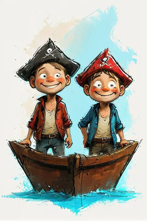 impactful color paint of cute drawing of 2boys, boat, ocean, caustics, wave pointing, , happy pirate hat, eyepatch, shark, flintlock ,<lora:Cute_Drawing:0.8>, highly detailed, 8k, sharp, professional, clear, high contrast, crystal clear
