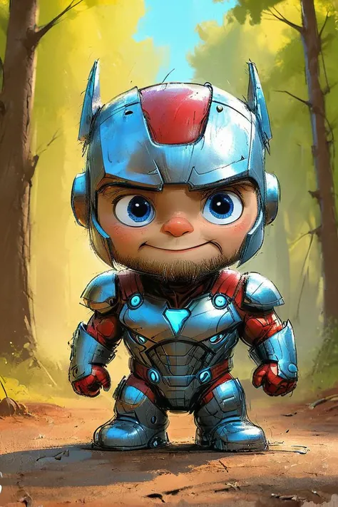 impactful color paint of cute drawing of a thor, wearing a iron man suit, outdoors, background forest, kid, toon, ((pixar style)), 3d, cartoon, detailed face, blue neon eyes, asymmetric, cinematic lighting, batman logo,,<lora:Cute_Drawing:0.8>