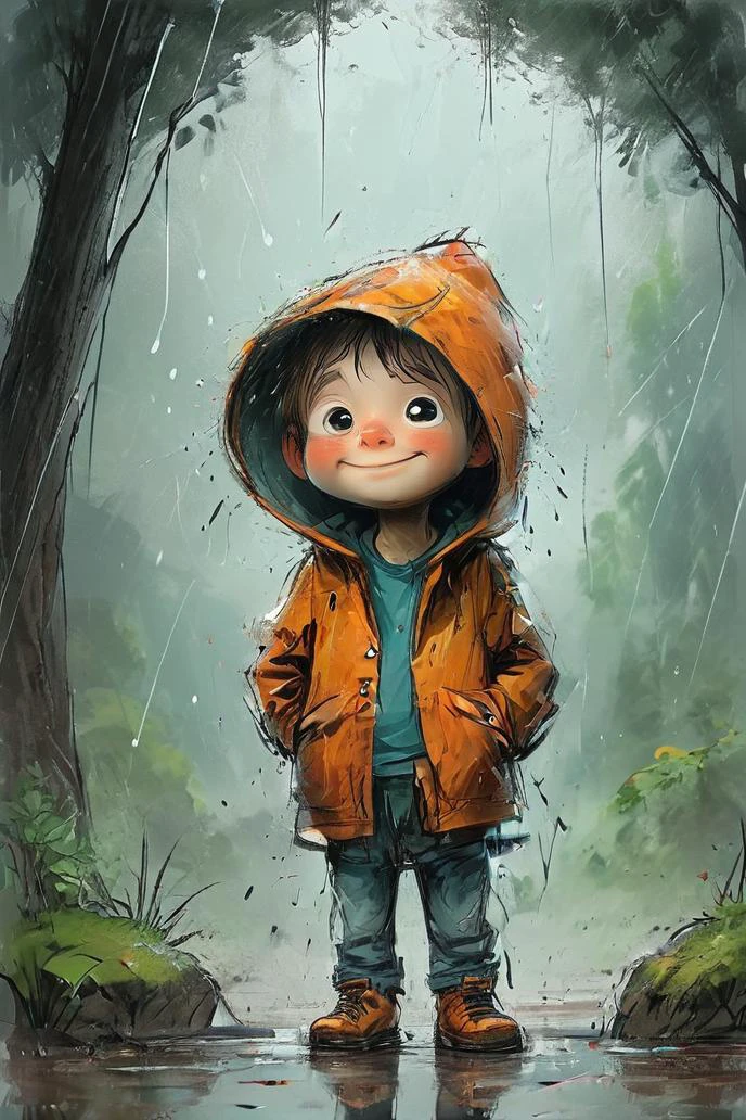 impactful color paint of cute drawing of forest, rain, 1boy, raincoat,,<lora:Cute_Drawing:0.8>, highly detailed, 8k, sharp, professional, clear, high contrast, crystal clear