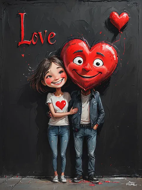 impactful color paint of cute drawing of extremely detailed Man with woman happy face , man holding big red heart with (text: "LOVE":1.2) on the black wall , <lora:Cute_Drawing:0.65>