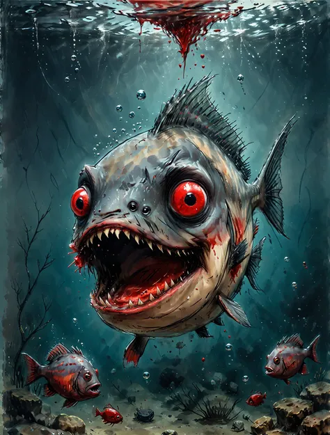 cute drawing of a Piranha fish under water surrounded by blood, slender body, thin body, <lora:Cute_Drawing:0.8>