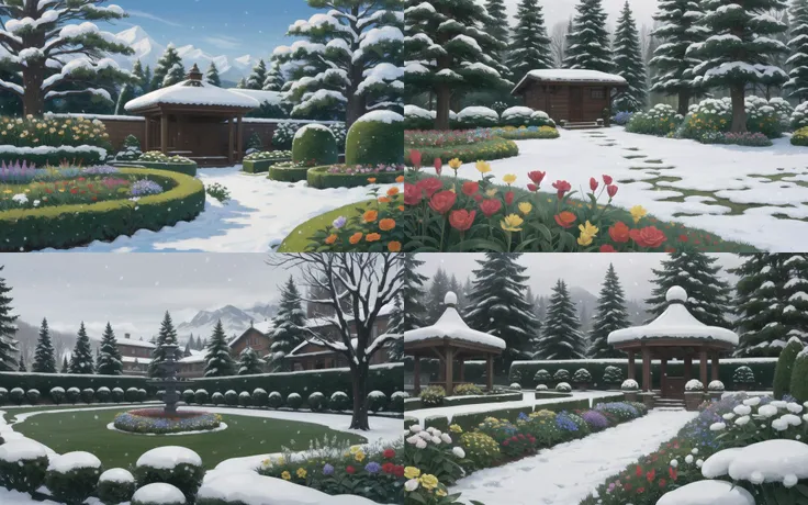 beautiful garden with amazing flowers in a snow day, masterpiece, best quality, high quality