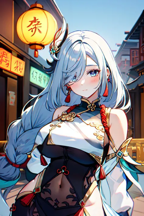 1girl, Shenhe, solo, long hair, blue eyes, gray hair, hair over one eye, hair ornament, large breasts, braid, very long hair, tassel, braided ponytail, gloves, black bodysuit, breast curtain, clothing cutout, black gloves, jewelry, earrings, shoulder cutout, covered navel, navel, blush, thighs, bare shoulders, china background, chinese street, Lantern Festival, <lora:Shenhe:1>