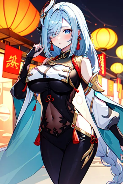 1girl, bangs, bare shoulders, bikini, blush, breasts, breasts apart, chinese clothes, closed mouth, covered nipples, detached sleeves, dress, grey hair, hair between eyes, hand fan, holding, holding fan, horns, lantern, looking at viewer, kinu \(azur lane\), medium breasts, oni horns, paper lantern, pelvic curtain, red horns, revealing clothes, see-through, sitting, solo, swimsuit, tassel, thighs, white bikini, white hair, yellow eyes