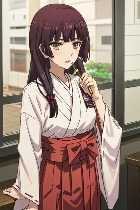 best quality, masterpiece, highres, solo, {white kimono:1.35}, {red hakama:1.35}, {wide sleeves:1.20}, {taniguchi_harumi_citrus:1.15}, long_hair, brown_eyes, bangs, brown_hair, blunt_bangs, yellow_eyes